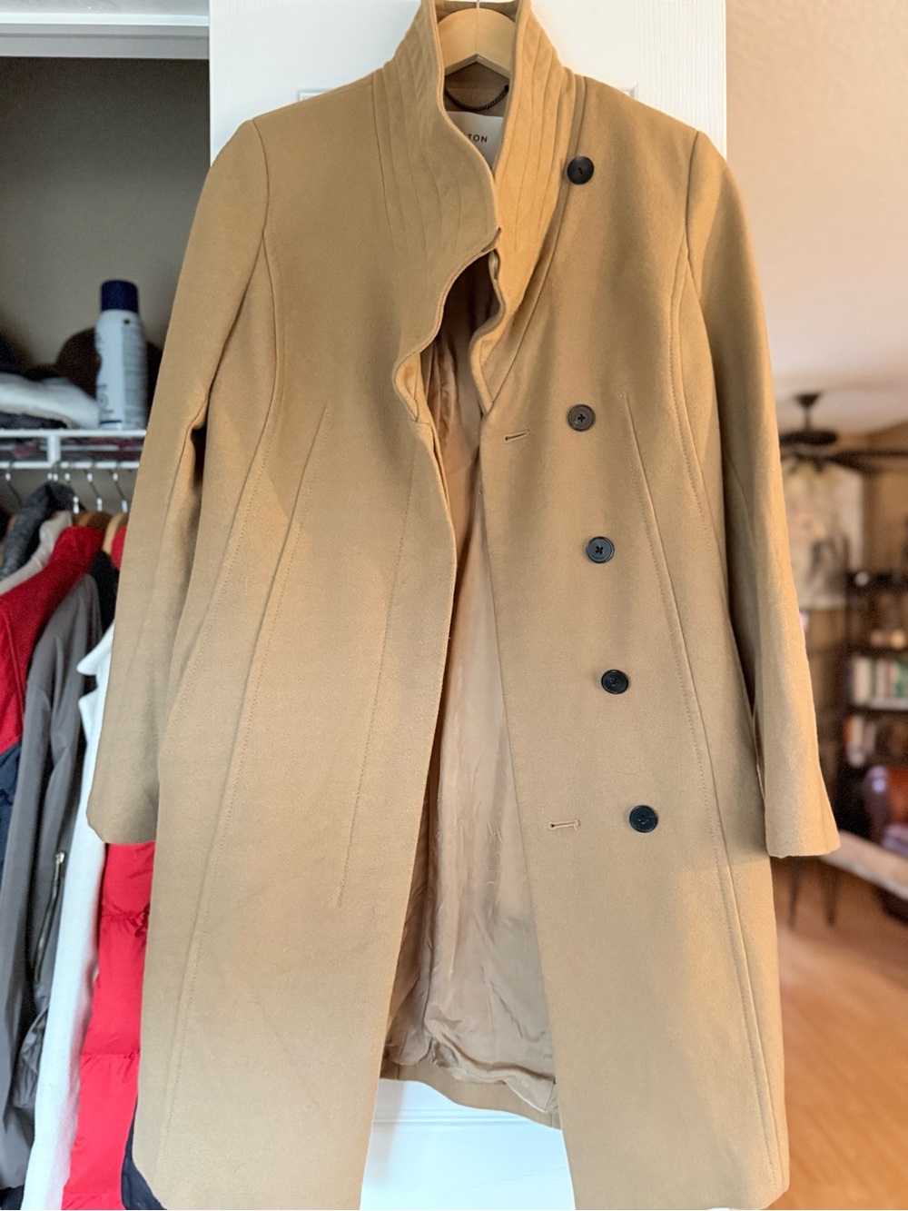 Babaton Camel-Tan Wool Blend Double-Breasted Pea Coat